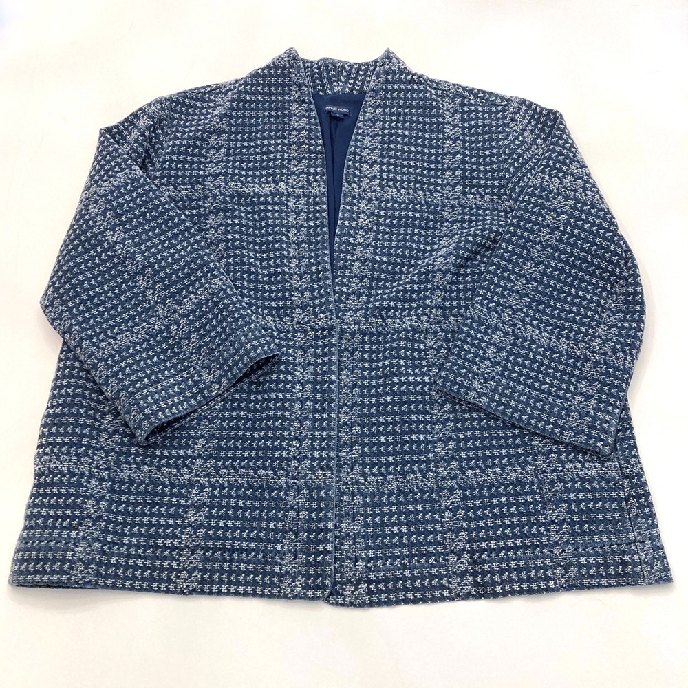 J. Jill Pure Jill Indigo Jacket Jacquard Blue Nubby Check Open Womens XL Pockets